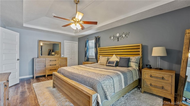 161 Tanglewood Dr, Camdenton, MO 65020 - bedroom featuring a tray ceiling, wood finished floors, ceiling fan, and a closet