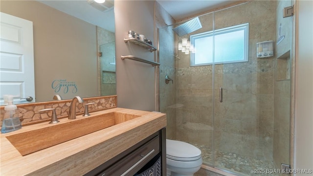 161 Tanglewood Dr, Camdenton, MO 65020 - full bath with vanity, a shower stall, and tasteful backsplash