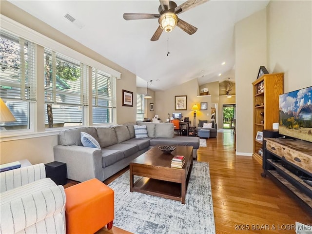 110 Golf View Dr, Camdenton, MO 65020 - living room featuring healthy amount of natural light, wood finished floors, ceiling fan, lofted ceiling, and recessed lighting