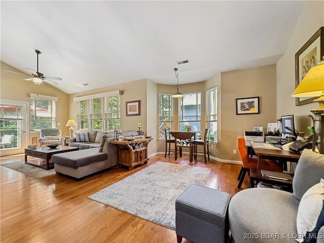 110 Golf View Dr, Camdenton, MO 65020 - living room with light wood-style flooring, ceiling fan, an office area, and vaulted ceiling
