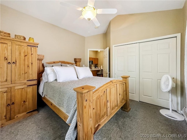 110 Golf View Dr, Camdenton, MO 65020 - bedroom featuring dark colored carpet, lofted ceiling, a closet, and ceiling fan