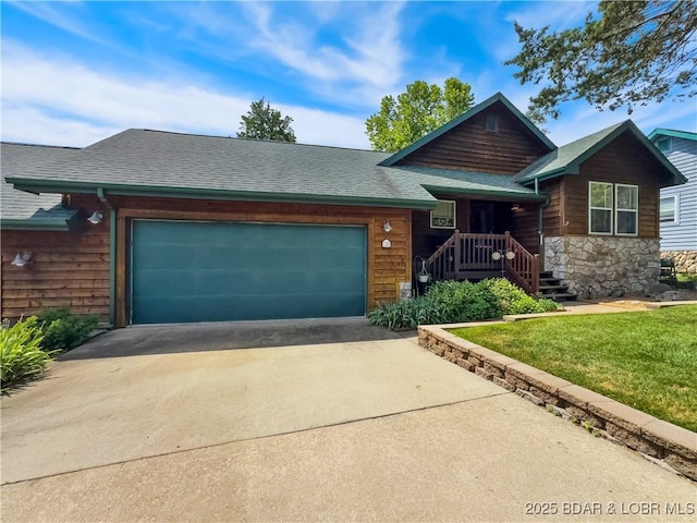 110 Golf View Dr, Camdenton, MO 65020 - view of front of house with an attached garage, driveway, a front lawn, roof with shingles, and stone siding