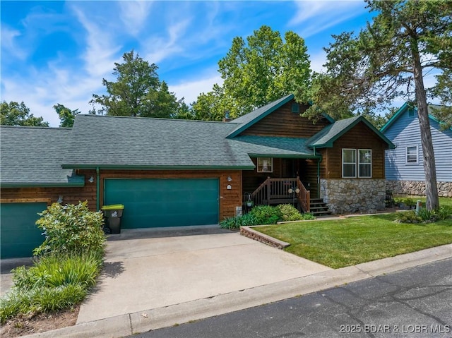 110 Golf View Dr, Camdenton, MO 65020 - view of front facade featuring a garage, roof with shingles, concrete driveway, a front yard, and stone siding