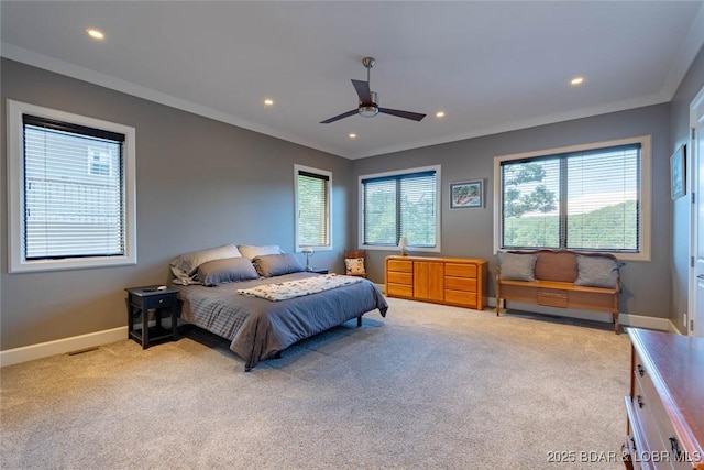 87 Glenmeadows Ct, Linn Creek, MO 65052 - carpeted bedroom featuring recessed lighting, ornamental molding, and a ceiling fan