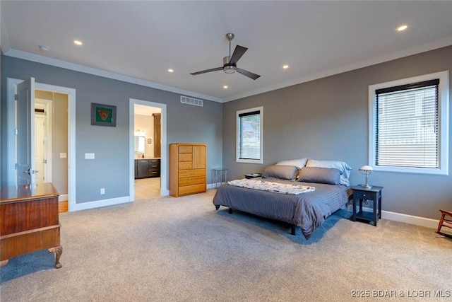 87 Glenmeadows Ct, Linn Creek, MO 65052 - bedroom with carpet floors, ornamental molding, recessed lighting, ceiling fan, and ensuite bathroom