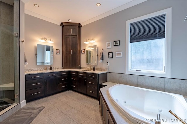 87 Glenmeadows Ct, Linn Creek, MO 65052 - full bath with a tub with jets, double vanity, tile patterned floors, recessed lighting, and a tile shower