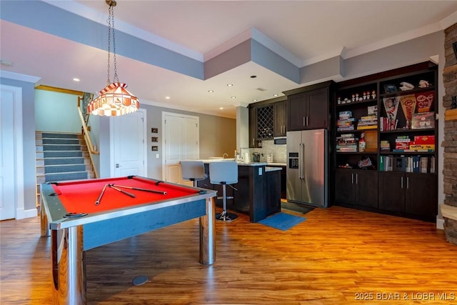 87 Glenmeadows Ct, Linn Creek, MO 65052 - recreation room featuring bar with sink, ornamental molding, pool table, light wood-type flooring, and recessed lighting