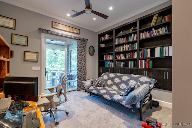 87 Glenmeadows Ct, Linn Creek, MO 65052 - carpeted home office featuring ceiling fan and recessed lighting