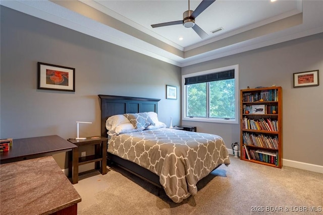 87 Glenmeadows Ct, Linn Creek, MO 65052 - bedroom featuring carpet flooring, ornamental molding, recessed lighting, a raised ceiling, and ceiling fan