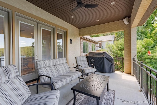 87 Glenmeadows Ct, Linn Creek, MO 65052 - view of patio / terrace featuring area for grilling, outdoor lounge area, and a ceiling fan
