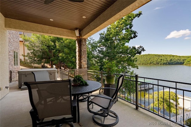 87 Glenmeadows Ct, Linn Creek, MO 65052 - balcony featuring a water view and a ceiling fan