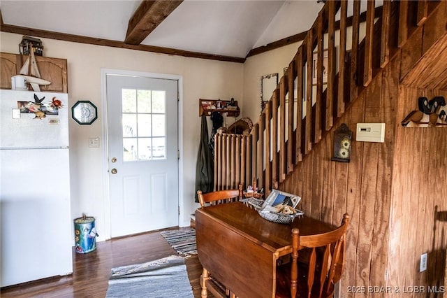 4230 Fox Hollow Ln, Stover, MO 65078 - foyer with wood finished floors, stairway, wood walls, and vaulted ceiling