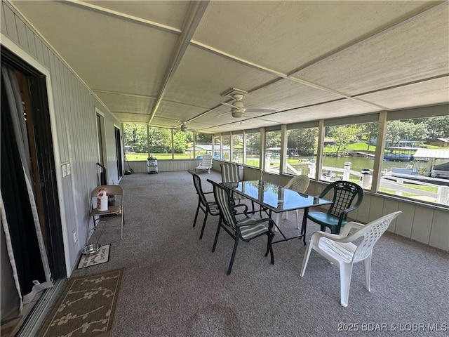 30024 Hawaii Rd, Gravois Mills, MO 65037 - sunroom / solarium featuring plenty of natural light, ceiling fan, a water view, and outdoor dining space