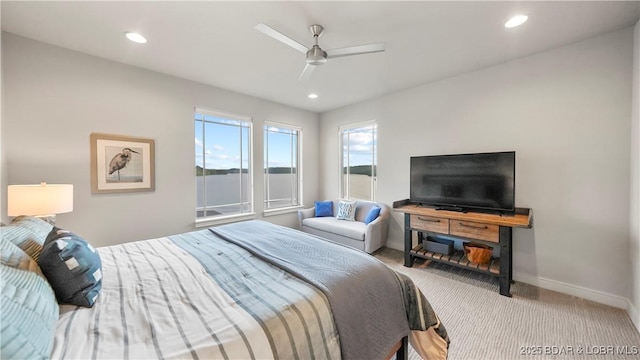 777 Malibu Rd, Osage Beach, MO 65065 - bedroom featuring multiple windows, carpet, recessed lighting, and a ceiling fan