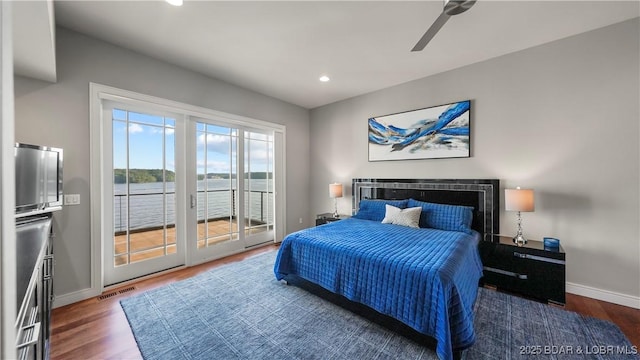 777 Malibu Rd, Osage Beach, MO 65065 - bedroom featuring access to outside, wood finished floors, recessed lighting, and ceiling fan