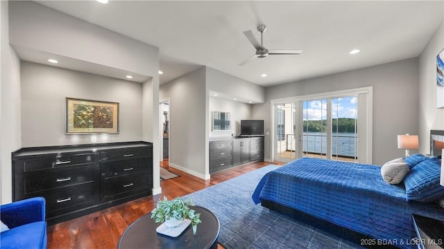 777 Malibu Rd, Osage Beach, MO 65065 - bedroom featuring access to outside, dark wood finished floors, recessed lighting, and ceiling fan