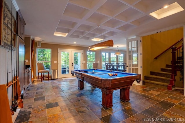 30310 Old Peony Rd, Gravois Mills, MO 65037 - recreation room featuring french doors, coffered ceiling, pool table, stone tile floors, and recessed lighting