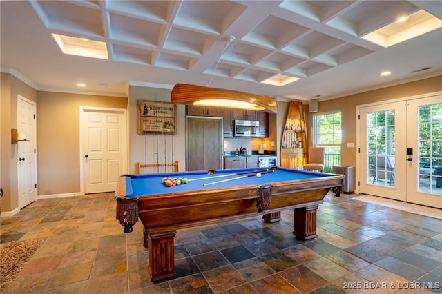 30310 Old Peony Rd, Gravois Mills, MO 65037 - recreation room with coffered ceiling, french doors, recessed lighting, stone tile floors, and ornamental molding