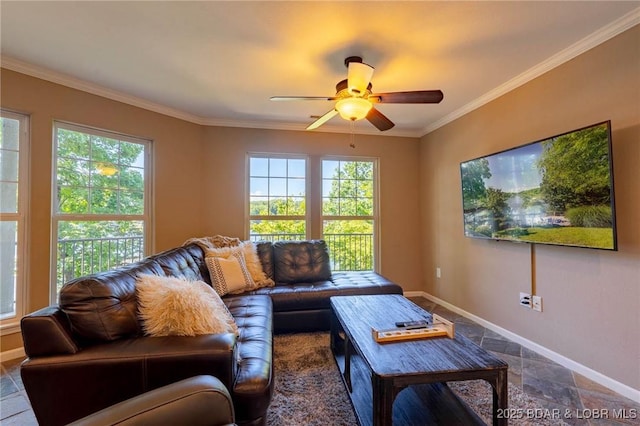 30310 Old Peony Rd, Gravois Mills, MO 65037 - living area with ceiling fan, ornamental molding, and stone finish floors