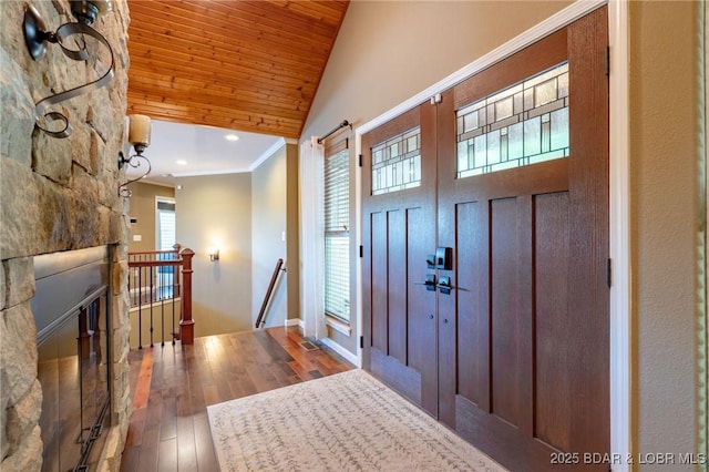 30310 Old Peony Rd, Gravois Mills, MO 65037 - entryway featuring hardwood / wood-style flooring, healthy amount of natural light, crown molding, high vaulted ceiling, and wooden ceiling
