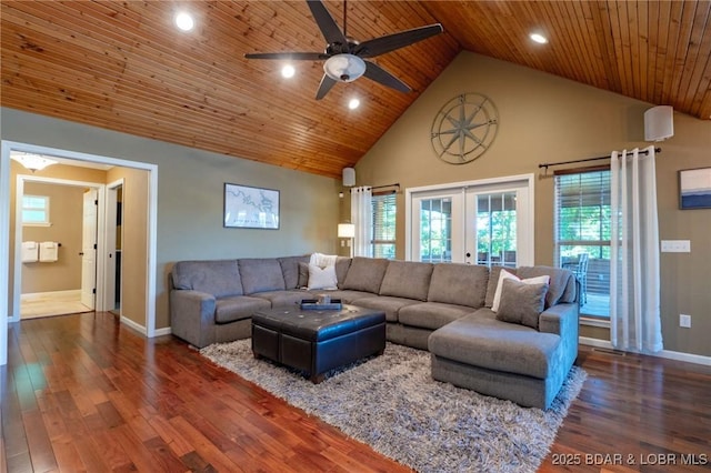 30310 Old Peony Rd, Gravois Mills, MO 65037 - living room with ceiling fan, french doors, wooden ceiling, high vaulted ceiling, and wood finished floors