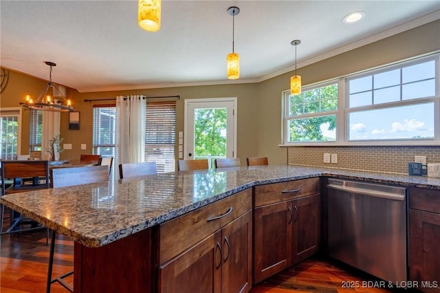 30310 Old Peony Rd, Gravois Mills, MO 65037 - kitchen with dishwasher, dark wood-style floors, crown molding, a breakfast bar area, and a chandelier