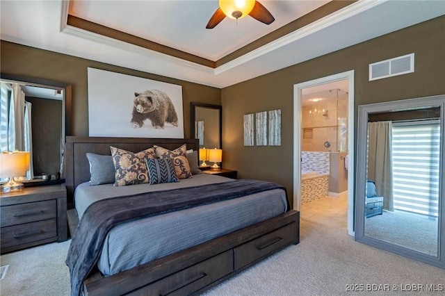 30310 Old Peony Rd, Gravois Mills, MO 65037 - carpeted bedroom with a raised ceiling, crown molding, ceiling fan, and ensuite bathroom
