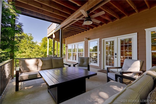 30310 Old Peony Rd, Gravois Mills, MO 65037 - view of patio featuring outdoor lounge area, a ceiling fan, and french doors