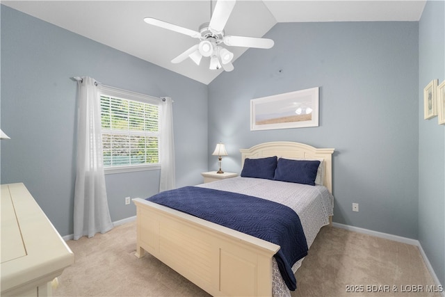 708 Harbour Towne Dr Unit E-708, Lake Ozark, MO 65049 - bedroom featuring light colored carpet, vaulted ceiling, and ceiling fan