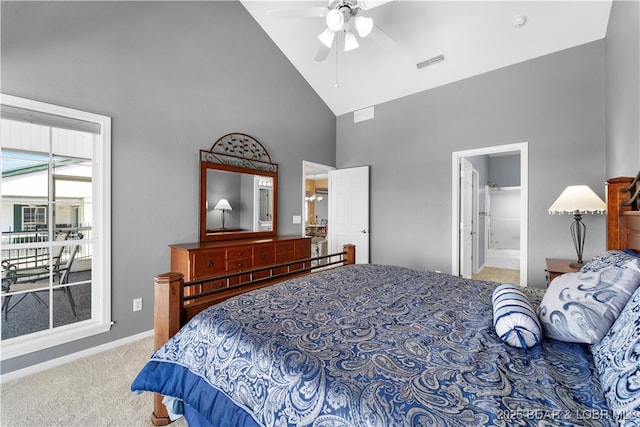 708 Harbour Towne Dr Unit E-708, Lake Ozark, MO 65049 - carpeted bedroom featuring high vaulted ceiling, a ceiling fan, and ensuite bathroom