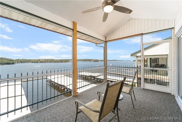 708 Harbour Towne Dr Unit E-708, Lake Ozark, MO 65049 - sunroom with a water view, lofted ceiling, and a ceiling fan