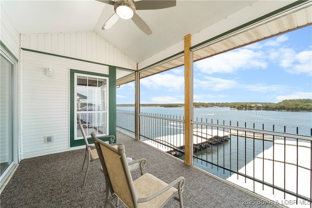 708 Harbour Towne Dr Unit E-708, Lake Ozark, MO 65049 - sunroom with a ceiling fan, lofted ceiling, and a water view