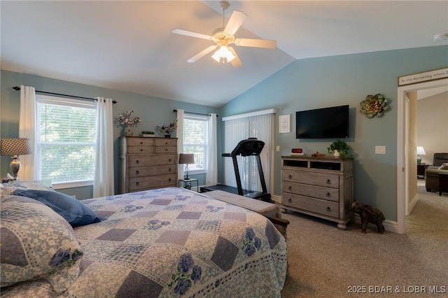 4331 Sunset Dr Unit B, Osage Beach, MO 65065 - carpeted bedroom featuring lofted ceiling, multiple windows, and ceiling fan