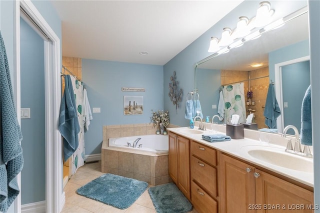 4331 Sunset Dr Unit B, Osage Beach, MO 65065 - bathroom featuring tile patterned flooring, a bath, a tile shower, and double vanity