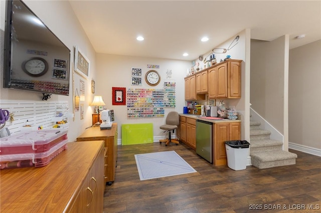 4331 Sunset Dr Unit B, Osage Beach, MO 65065 - kitchen with dark wood-style floors, refrigerator, wood counters, and recessed lighting