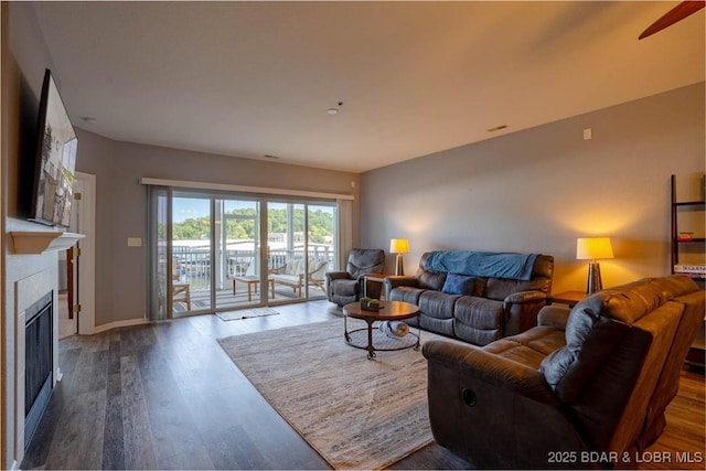 275 Flynn Rd Unit 105, Lake Ozark, MO 65049 - living area featuring wood finished floors, a glass covered fireplace, and a ceiling fan