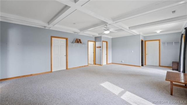 15 Knox Point Cir, Lake Ozark, MO 65049 - unfurnished bedroom featuring carpet floors, coffered ceiling, beamed ceiling, ceiling fan, and two closets