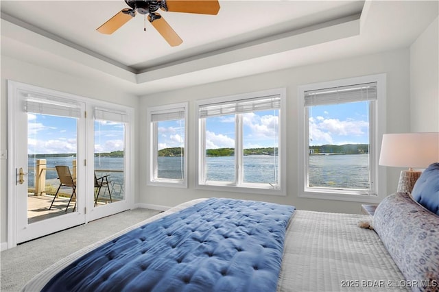 1129 Beacon Pointe Cir, Lake Ozark, MO 65049 - bedroom with access to exterior, a water view, multiple windows, and carpet