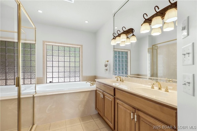 1129 Beacon Pointe Cir, Lake Ozark, MO 65049 - full bathroom with a bath, tile patterned floors, double vanity, and an enclosed shower