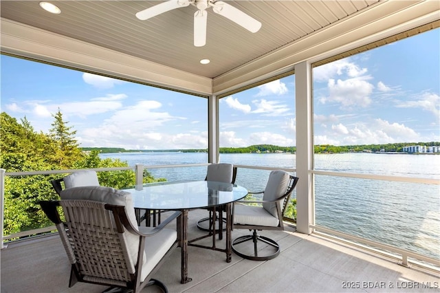 1129 Beacon Pointe Cir, Lake Ozark, MO 65049 - sunroom featuring ceiling fan, a water view, recessed lighting, wood ceiling, and outdoor dining space