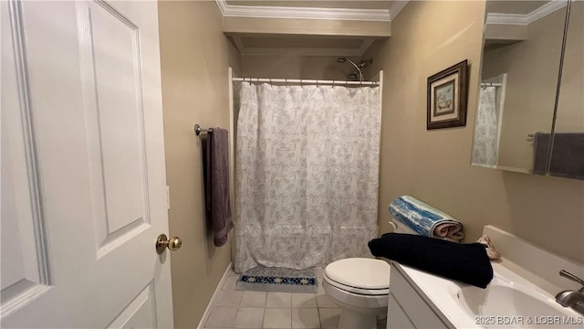 2096 Birchwood Ln, Osage Beach, MO 65065 - full bathroom featuring vanity, tile patterned floors, ornamental molding, and curtained shower