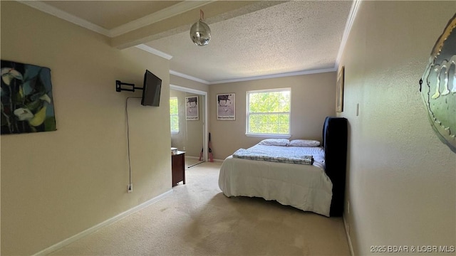 2096 Birchwood Ln, Osage Beach, MO 65065 - bedroom featuring ornamental molding, light colored carpet, and a textured ceiling