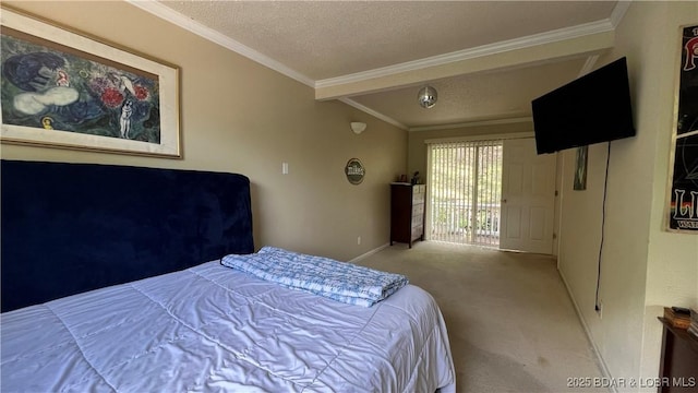 2096 Birchwood Ln, Osage Beach, MO 65065 - bedroom featuring carpet floors, a textured ceiling, and ornamental molding