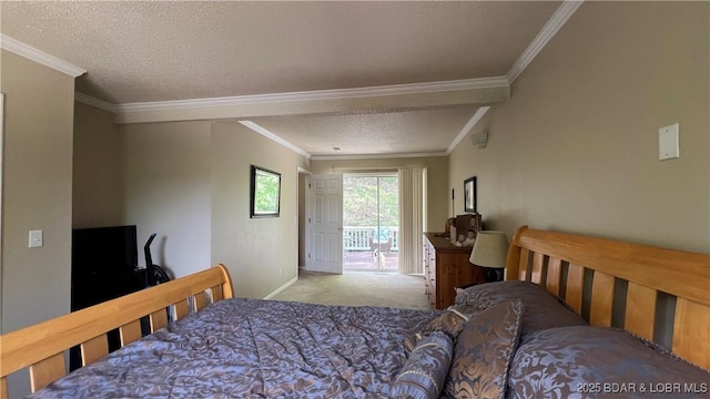 2096 Birchwood Ln, Osage Beach, MO 65065 - bedroom featuring carpet floors, crown molding, and a textured ceiling