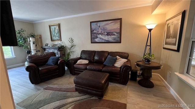 2096 Birchwood Ln, Osage Beach, MO 65065 - living area featuring wood finished floors, crown molding, and a fireplace