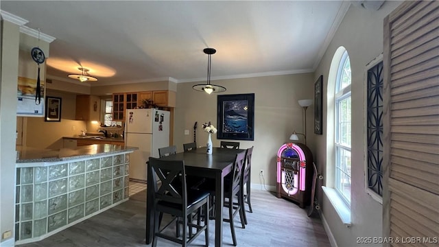 2096 Birchwood Ln, Osage Beach, MO 65065 - dining space featuring ornamental molding, light wood-style flooring, and plenty of natural light
