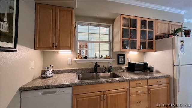 2096 Birchwood Ln, Osage Beach, MO 65065 - kitchen with white appliances, glass insert cabinets, and dark countertops