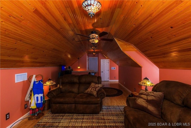 2174 State Road V, Linn Creek, MO 65052 - home theater featuring wood ceiling, wood finished floors, lofted ceiling, and ceiling fan