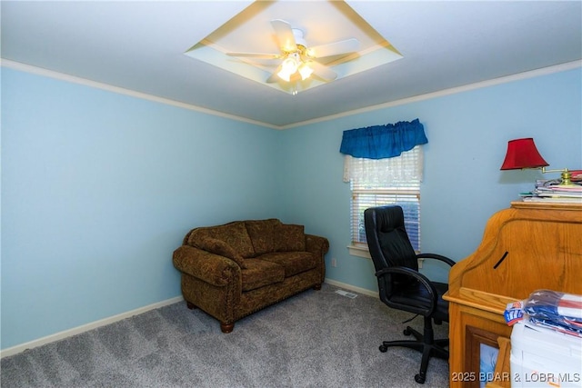 2174 State Road V, Linn Creek, MO 65052 - office area featuring carpet, a ceiling fan, a raised ceiling, and crown molding
