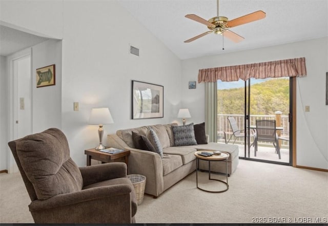 611 Lazy Days Rd Unit B11, Osage Beach, MO 65065 - living room with carpet flooring, a ceiling fan, and high vaulted ceiling